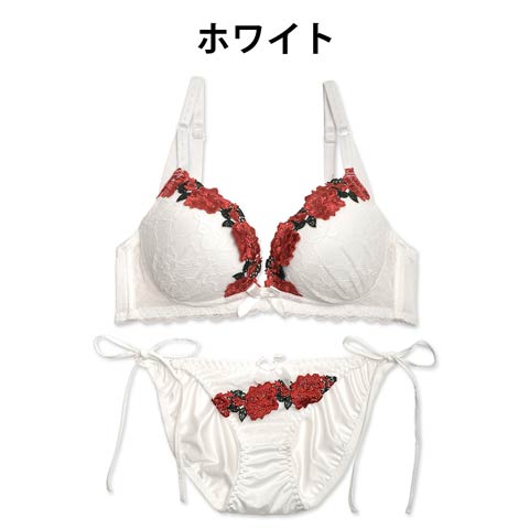 【ノンワイヤー】ディープローズブラジャー&サイド紐フルバックショーツ[1250DRW](ホワイト-M/ショーツM)