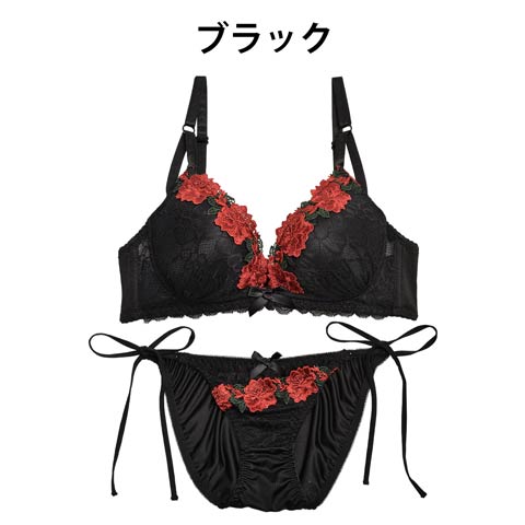 【ノンワイヤー】ディープローズブラジャー&サイド紐フルバックショーツ[1250DRW](ブラック-M/ショーツM)