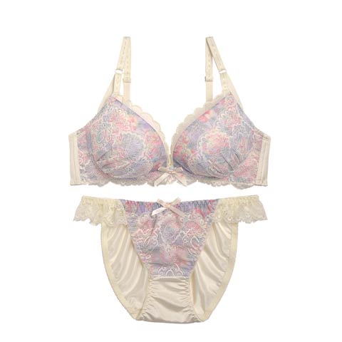 【ノンワイヤー】ビビッドプリントオンレースブラジャー&フルバックショーツ[1250DRW](クリーム-M/ショーツM)