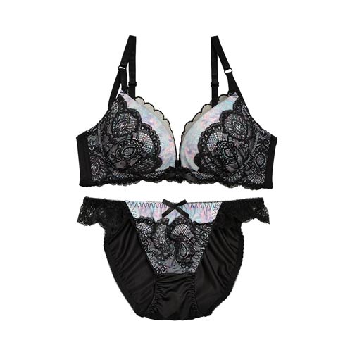 【ノンワイヤー】ビビッドプリントオンレースブラジャー&フルバックショーツ[1250DRW](ブラック-M/ショーツM)