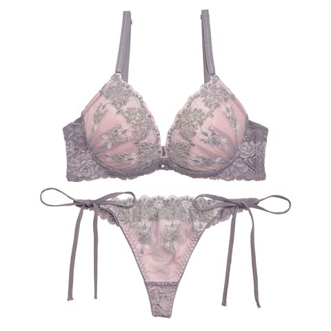 【三上悠亜着用】エレガントゴシック刺繍ブラジャー&サイド紐バック透けTバックショーツ(グレー-A70/ショーツM)