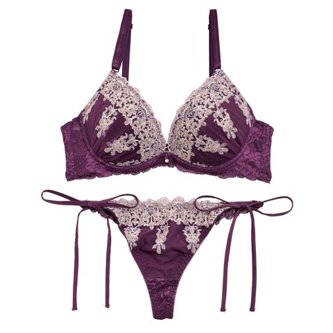 【三上悠亜着用】エレガントゴシック刺繍ブラジャー&サイド紐バック透けTバックショーツ(パープル-A70/ショーツM)