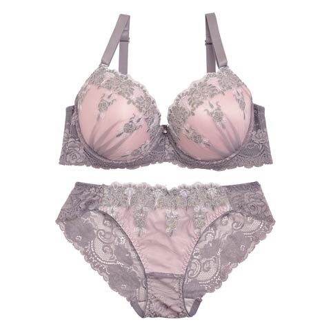 【EFサイズ】エレガントゴシック刺繍ブラジャー&バック透けフルバックショーツ(グレー-E70/ショーツM)