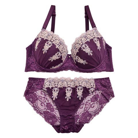 【EFサイズ】エレガントゴシック刺繍ブラジャー&バック透けフルバックショーツ(パープル-E70/ショーツM)
