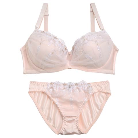【EFサイズ】スイートチュールエンブロイダリーブラジャー&フルバックショーツ(ピンク-E70/ショーツM)