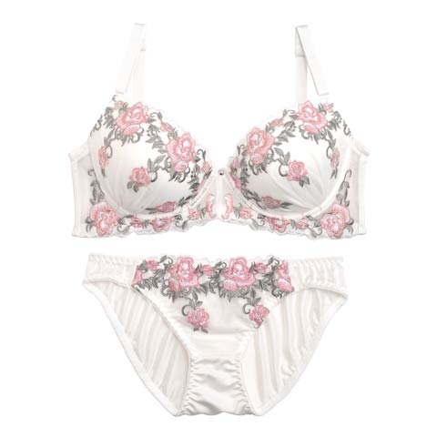 【EFサイズ】クラシカルガーリーローズ育乳脇高ブラジャー&フルバックショーツ(ホワイト-E70/ショーツM)