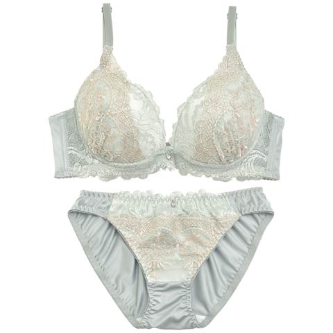 ペールメロウレース育乳脇高ブラジャー&フルバックショーツ(グリーン-A70/ショーツM)