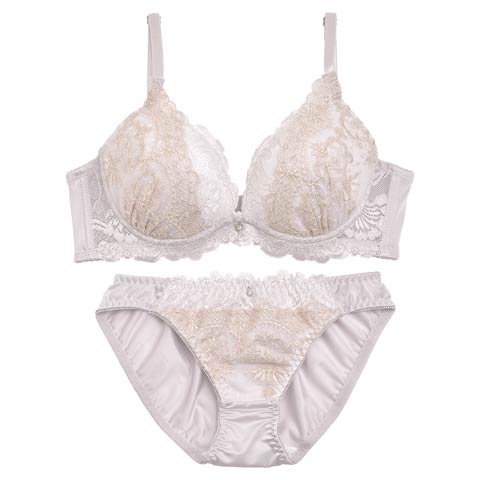 【ノンワイヤー】ペールメロウレース育乳脇高ブラジャー&フルバックショーツ(パープル-M)