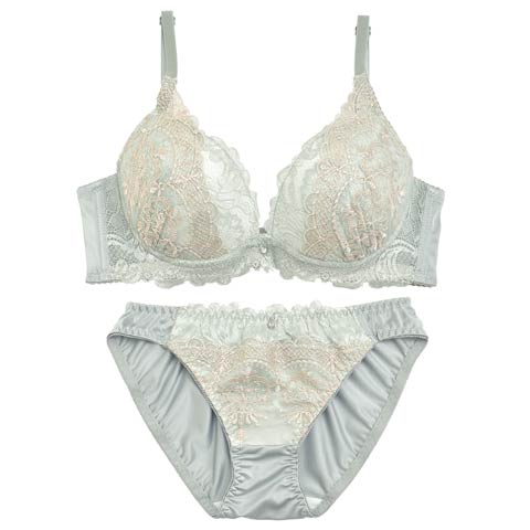 【ノンワイヤー】ペールメロウレース育乳脇高ブラジャー&フルバックショーツ(グリーン-M)