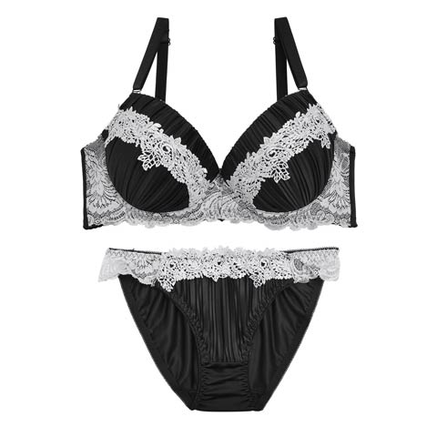 【EFサイズ】ロイヤルプリーツエンブロイダリーブラジャー&フルバックショーツ(ブラック-E70/ショーツM)