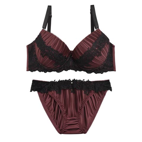 【EFサイズ】ロイヤルプリーツエンブロイダリーブラジャー&フルバックショーツ(ワインレッド-E70/ショーツM)