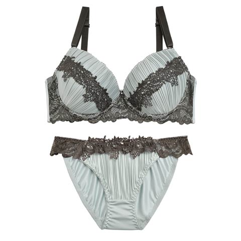 【EFサイズ】ロイヤルプリーツエンブロイダリーブラジャー&フルバックショーツ(ブルー-E70/ショーツM)