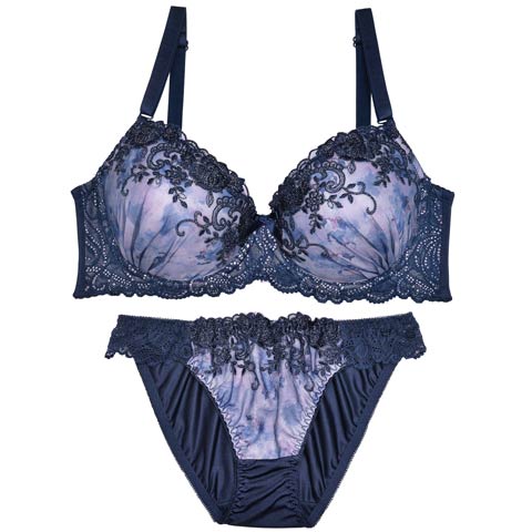 【EFサイズ】トゥインクルメルティフラワーブラジャー&フルバックショーツ(ネイビー-E70/ショーツM)