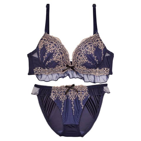 ドレッシーチュールフリルブラジャー&フルバックショーツ(ネイビー-A70/ショーツM)
