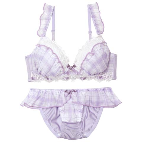 【ノンワイヤー】【かとゆり着用】プリティーリボンチェックブラジャー&フルバックショーツ[推し][人気](パープル-M)