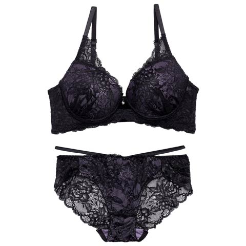 7/2再販!【GHサイズ】オールレースカットストリング育乳ブラジャー&バック透けフルバックショーツ[推し](ブラック-G75/ショーツL)