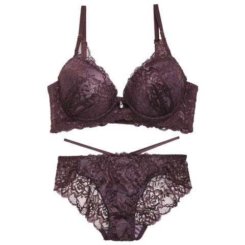7/2再販!【GHサイズ】オールレースカットストリング育乳ブラジャー&バック透けフルバックショーツ[推し](ディープパープル-G75/ショーツL)