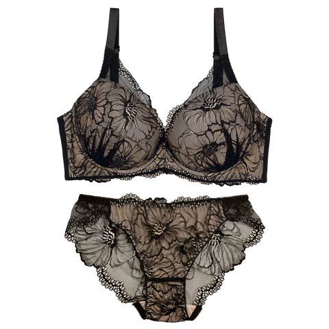 9/3再販!【三上悠亜着用】【GHサイズ】ラグジュアリーフラワーレース育乳ブラジャー&バック透けフルバックショーツ[推し](ブラック-G75/ショーツL)