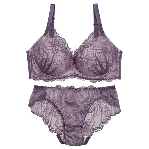 9/3再販!【三上悠亜着用】【GHサイズ】ラグジュアリーフラワーレース育乳ブラジャー&バック透けフルバックショーツ[推し](パープル-G75/ショーツL)