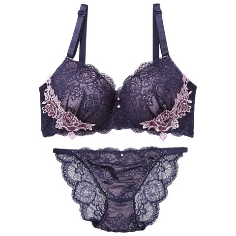 8/30再販!【EFサイズ】【三上悠亜着用】レーシィアンティークサイドローズ刺繍ブラジャー&バック透けフルバックショーツ[推し](ブルー-E70/ショーツM)