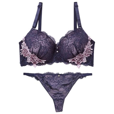 8/30再販!【EFサイズ】【Tバック】【三上悠亜着用】レーシィアンティークサイドローズ刺繍ブラジャー&バック透けTバックショーツ[推し](ブルー-E70/ショーツM)