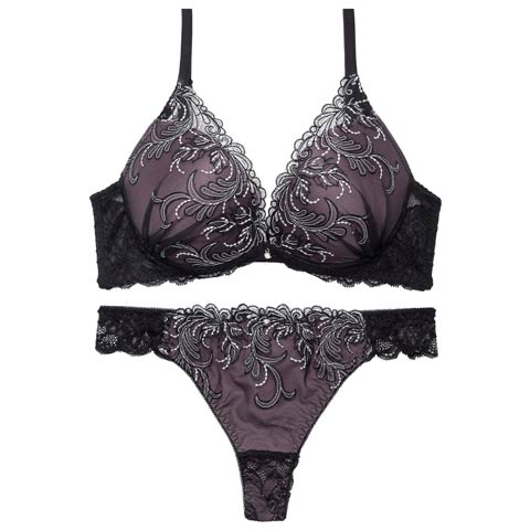 【Tバック】ボタニカルダスティーレースブラジャー&バック透けTバックショーツ[推し][人気](ブラック-A70/ショーツM)
