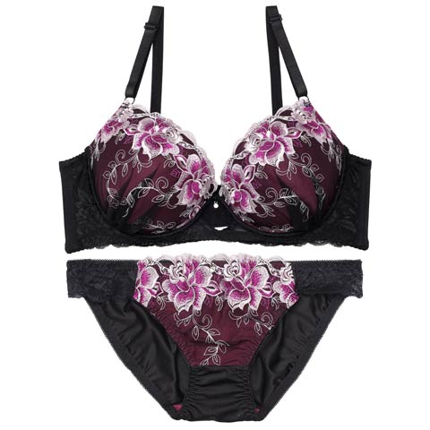 【GHサイズ】【三上悠亜着用】マーベラスレディフラワー育乳脇高ブラジャー&フルバックショーツ[推し](ブラック-G75/ショーツL)