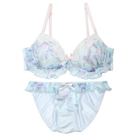 【EFサイズ】ケミカル水彩リリーフリルブラジャー&フルバックショーツ[推し](サックス-E70/ショーツM)