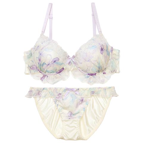 【EFサイズ】ケミカル水彩リリーフリルブラジャー&フルバックショーツ[推し](クリーム-E70/ショーツM)