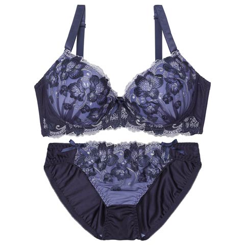 【EFサイズ】クラッシーフルブルーム育乳脇高ブラジャー&フルバックショーツ[推し](ネイビー-E70/ショーツM)