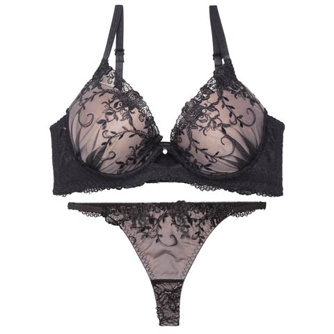 9/11再販!【Tバック】【三上悠亜着用】グリッターアイビーエンブロイダリー育乳脇高ブラジャー&バック透けTバックショーツ[推し][人気](モカ-B65/ショーツM)