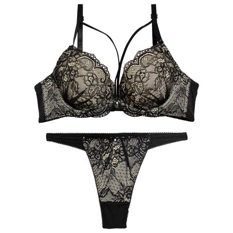 12/20再販!!【Tバック】ヌーディーレースコードブラジャー&Tバックショーツ[推し][人気](ブラック-B65/ショーツM)