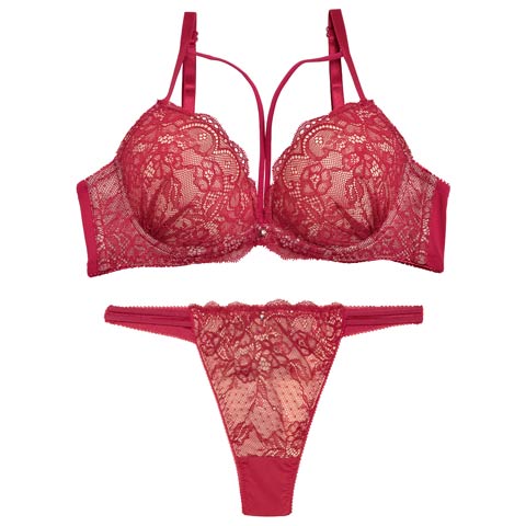 12/20再販!!【Tバック】ヌーディーレースコードブラジャー&Tバックショーツ[推し][人気](レッド-B65/ショーツM)