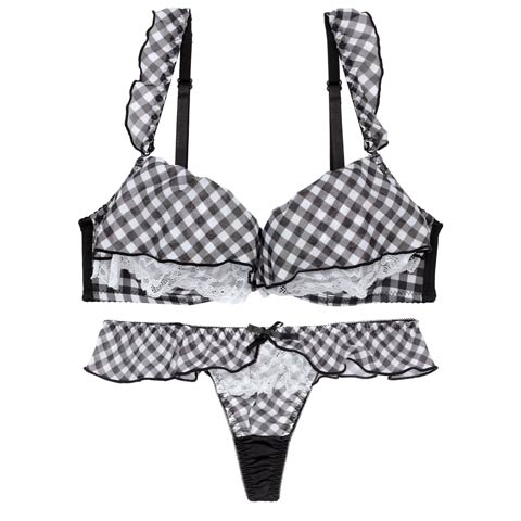 7/4新作!【Tバック】メルティギンガムフリルブラジャー&Tバックショーツ[推し][人気](ブラック-A70/ショーツM)