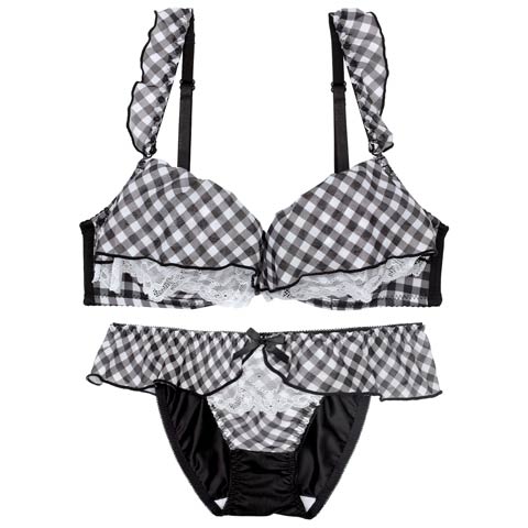 9/3新作!【ノンワイヤー】メルティギンガムフリルブラジャー&フルバックショーツ[推し][人気](ブラック-M)
