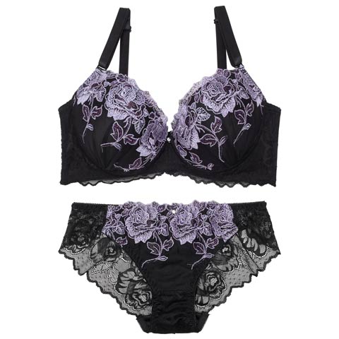 【EFサイズ】【三上悠亜着用】ノーブルビューティーローズ育乳ブラジャー&バック透けフルバックショーツ[推し](ブラック-E70/ショーツM)