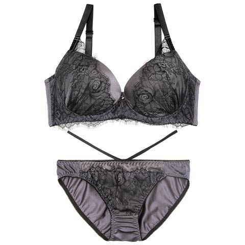 7/11新作!【EFサイズ】クラシックレーシーサテンブラジャー&フルバックショーツ[推し](ブラック-E70/ショーツM)