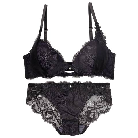 9/3新作!【かとゆり着用】【ノンワイヤー】シャルムチュールホールブラジャー&バック透けフルバックショーツ[推し][人気](ブラック-M)