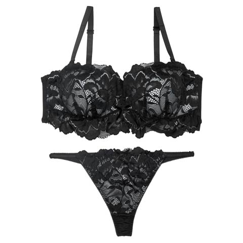 7/4新作!【Tバック】【三上悠亜着用】シュクレフリルレース育乳脇高ブラジャー&Tバックショーツ[推し][人気](ブラック-A70/ショーツM)