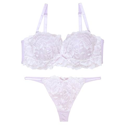 7/4新作!【Tバック】【三上悠亜着用】シュクレフリルレース育乳脇高ブラジャー&Tバックショーツ[推し][人気](ラベンダー-A70/ショーツM)