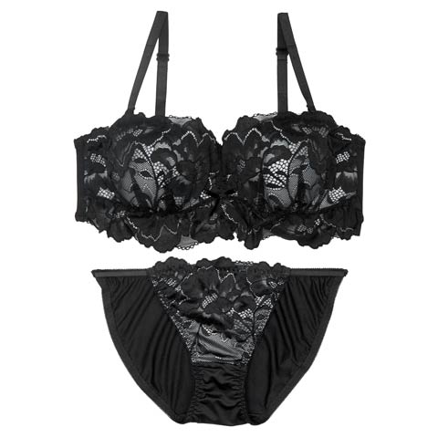 7/4新作!【EFサイズ】シュクレフリルレース育乳脇高ブラジャー&フルバックショーツ[推し](ブラック-E65/ショーツM)