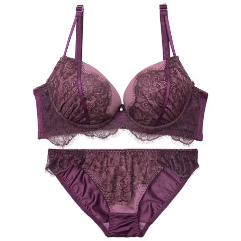 10/10新作!【EFサイズ】【三上悠亜着用】アイラッシュホールレース育乳ブラジャー&フルバックショーツ[推し](パープル-E70/ショーツM)