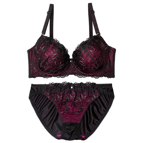 【EFサイズ】シャイニーダークブルームブラジャー&フルバックショーツ[推し](ボルドー-E70/ショーツM)