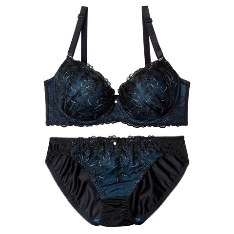 【EFサイズ】シャイニーダークブルームブラジャー&フルバックショーツ[推し](グリーン-E70/ショーツM)