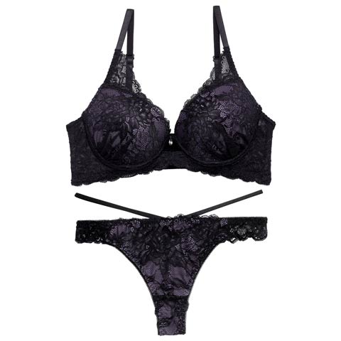 12/18再販!【EFサイズ】オールレースカットストリング育乳脇高ブラジャー&バック透けTバックショーツ[推し](ブラック-E70/ショーツM)
