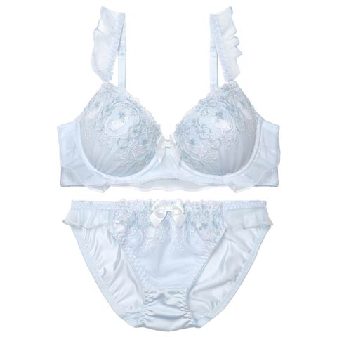 【EFサイズ】シャイニーフリルキャットブラジャー&フルバックショーツ[推し](サックス-E70/ショーツM)