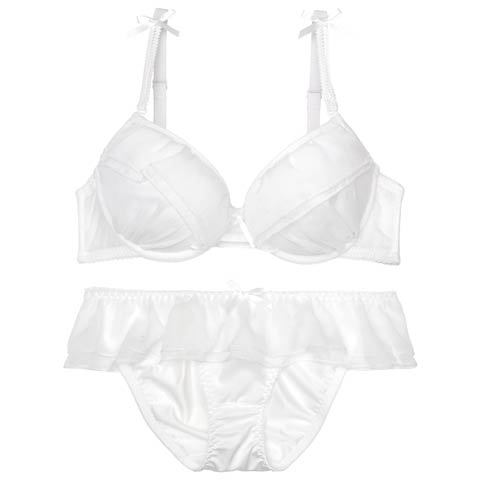 7/3再販!シャイニーシフォンフリルブラジャー&フルバックショーツ[推し][人気](ホワイト-A70/ショーツM)