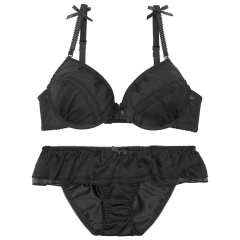 7/3再販!シャイニーシフォンフリルブラジャー&フルバックショーツ[推し][人気](ブラック-A70/ショーツM)