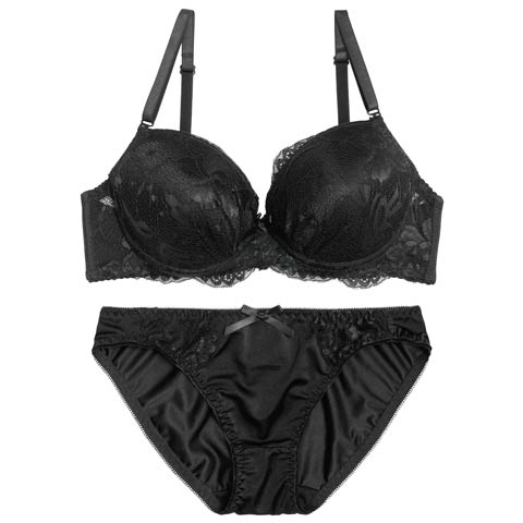 【GHサイズ】シャイニーレースボリュームパッドブラジャー&フルバックショーツ[推し](ブラック-G75/ショーツL)