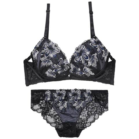 11/26再販!【三上悠亜着用】プレシャスフラワークロスブラジャー&バック透けフルバックショーツ[推し][人気](ネイビー-B65/ショーツM)